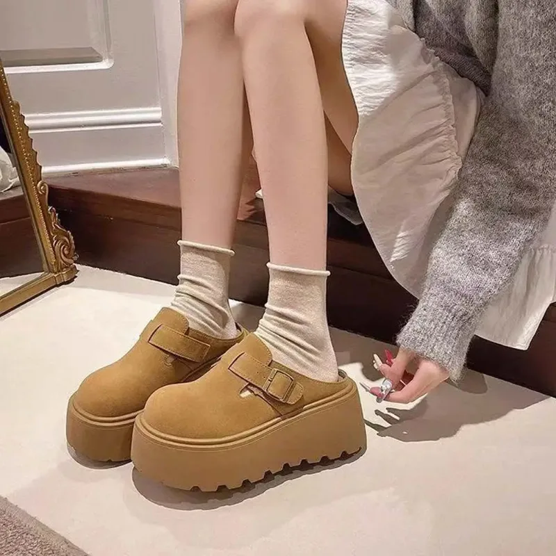 

8cm Women's Shoes Fashion Baotou Platform Mueller Slippers Retro Round Head Casual Shoes for Woman Designer Shoes Zapatos Mujer