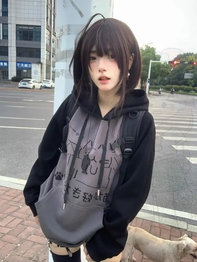 Sweet Cartoon Print Anime Hoodie Grunge Aesthetics Y2k Women Streetwear Tops Patchwork Hooded Pullover Loose Casual Jacket New
