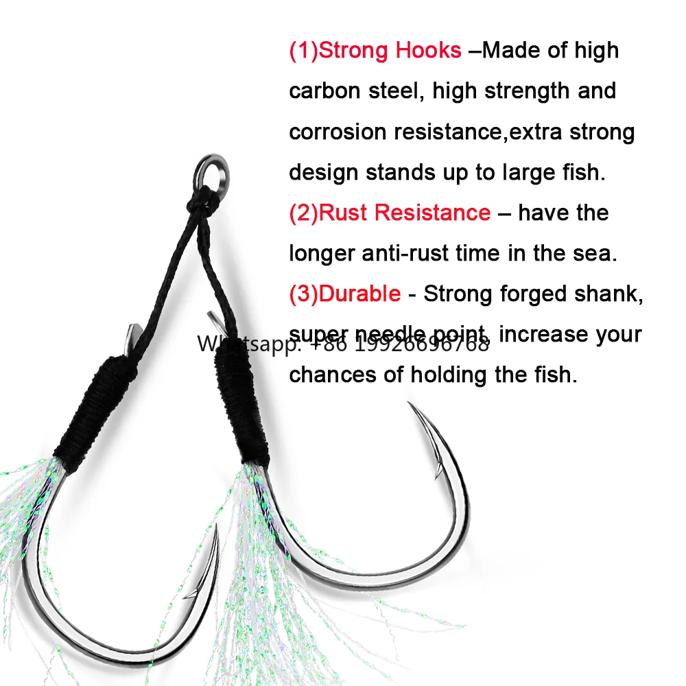 

Wholesale High Carbon Steel Double Assist Hooks Jig Metal Saltwater Fishing Hook With Crystal Flash Tinsel factory