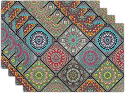 Boho Mandala Placemats Mexican Ethnic Traditional Pattern with Geometric Plaids Bohemian Flower Washable Linen Table Place Mats