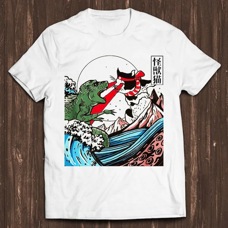 Horror Dinosaur Cat The Great Wave Off Kanagawa Catzilla Ocean Meme Gamer Funny Retro Cult Movie Music Top Cool Gift Tee T Shirt