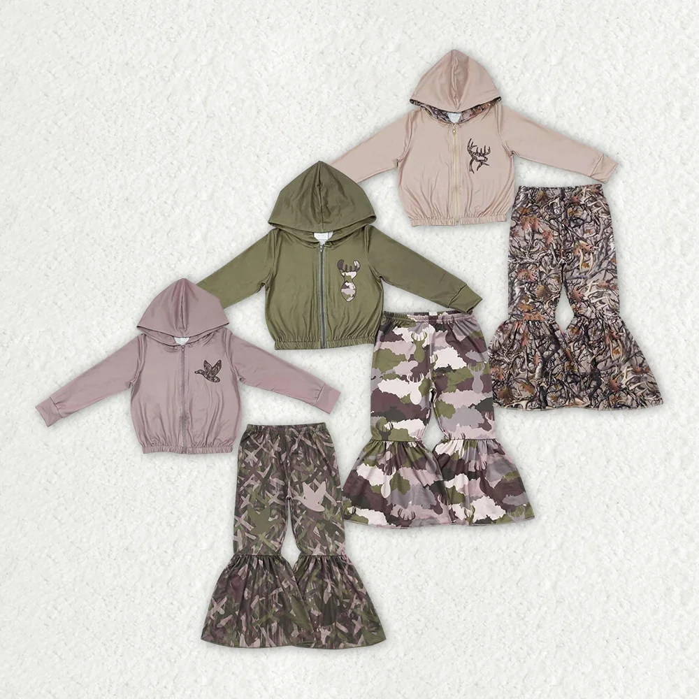 Wholesale Toddler Long Sleeves Duck Deer Zipper Hoodie Camo Bell Pants Baby Girl Kids Hoodie Outfit Children Set Infant Clothing