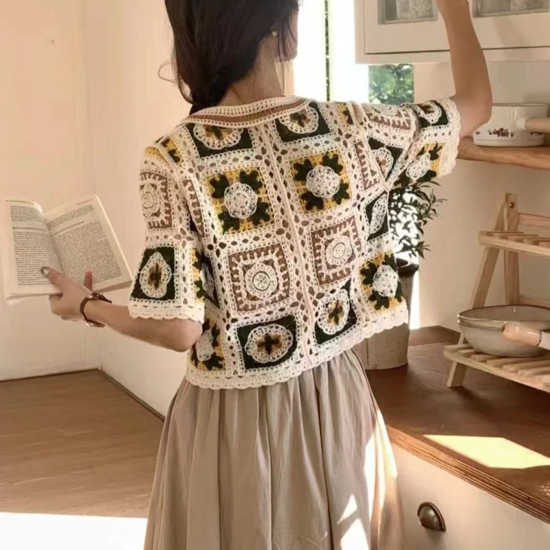 Retro Boho Crochet Knit Shirt for Women Button Front Short Sleeve Collared Open-knit Lace Blouse Women Summer Crop Tops
