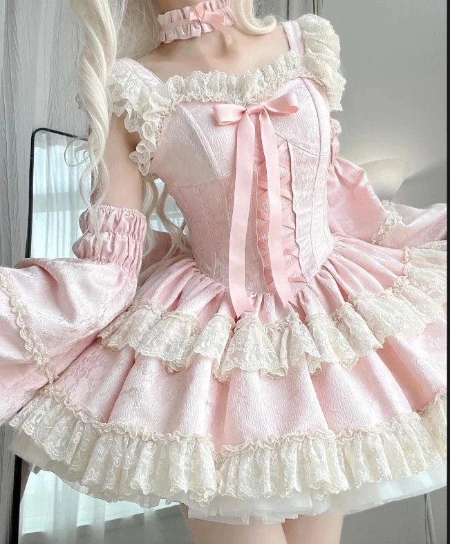 Lolita Sweet Princess High Waist Lace Y2k Dress Summer Pink Cute Girly Ruffle Edge Party Puff Short Dresses and Sleeves