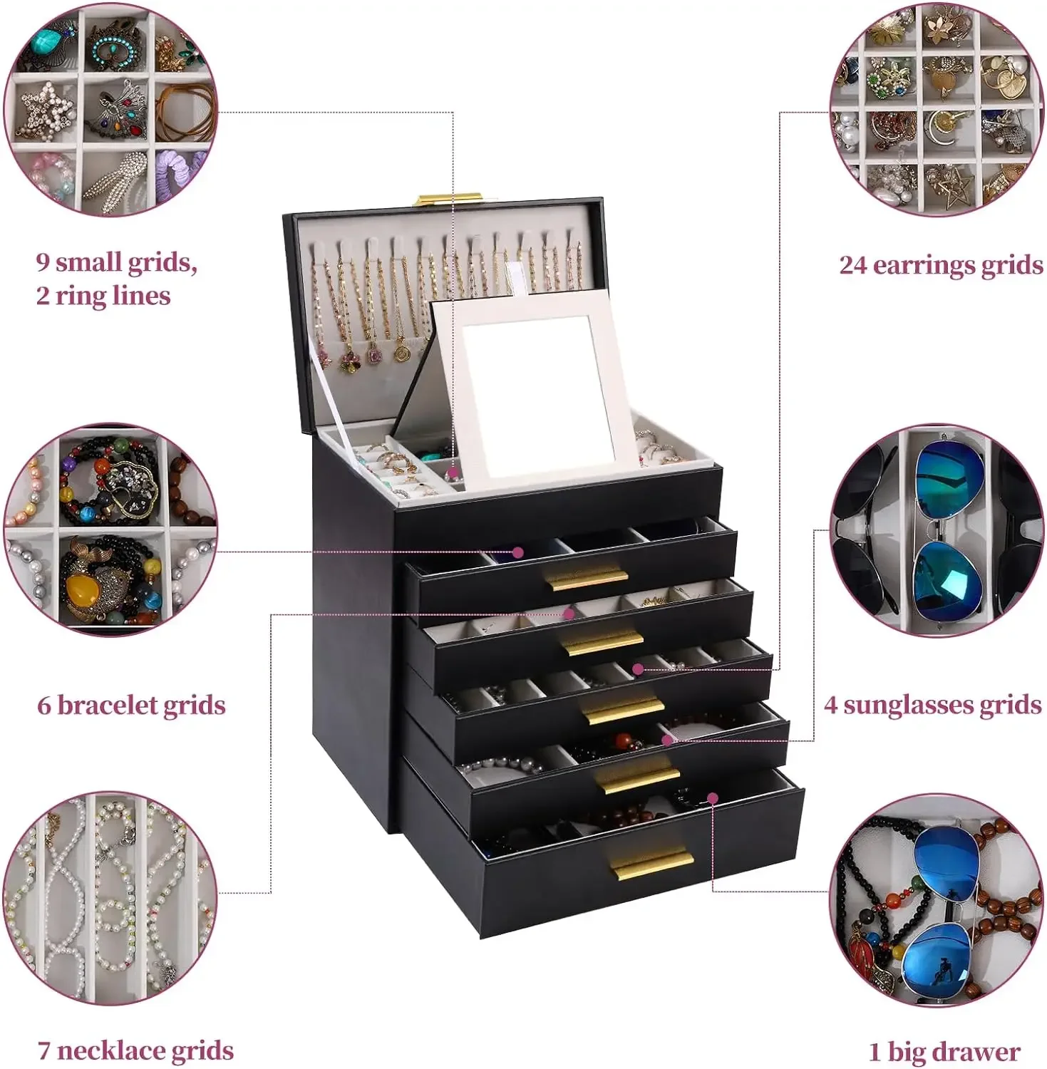 Jewelry Boxes for Women,6 Layer White and Black Large Jewelry Box for Necklace, Bracelet, Earrings, Rings Storage, Jewelry holde
