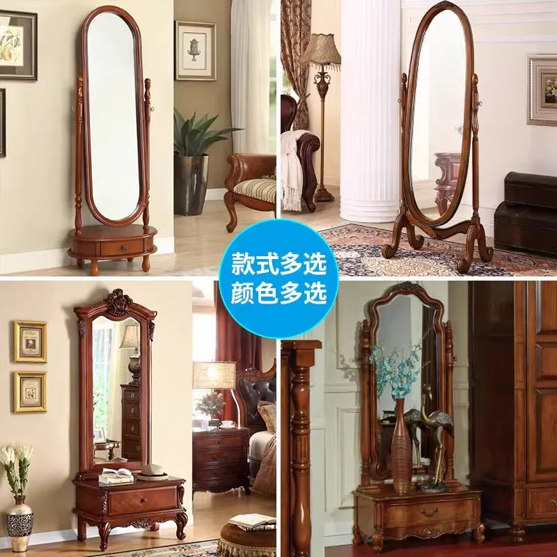 American solid wood full-length mirror full-length mirror bedroom makeup coat and hat mirror rotating home European fitting