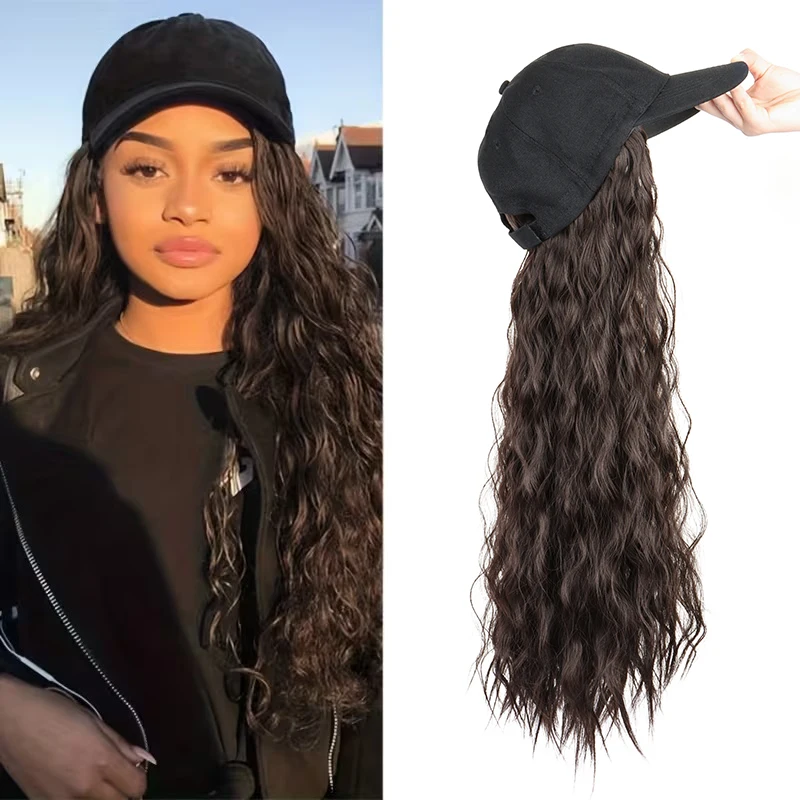 24Inch Synthetic Long Kinky Curly Elegant Baseball Cap Wig Adjustable Soft Heat-Resistant Hairpiece for Women Daily Use