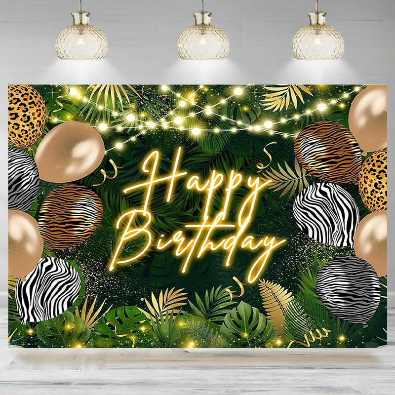 Jungle Theme Birthday Backdrop Tropical Green Leaves Safari Party Decorations Background  Animals Balloons Birthday Party Bann