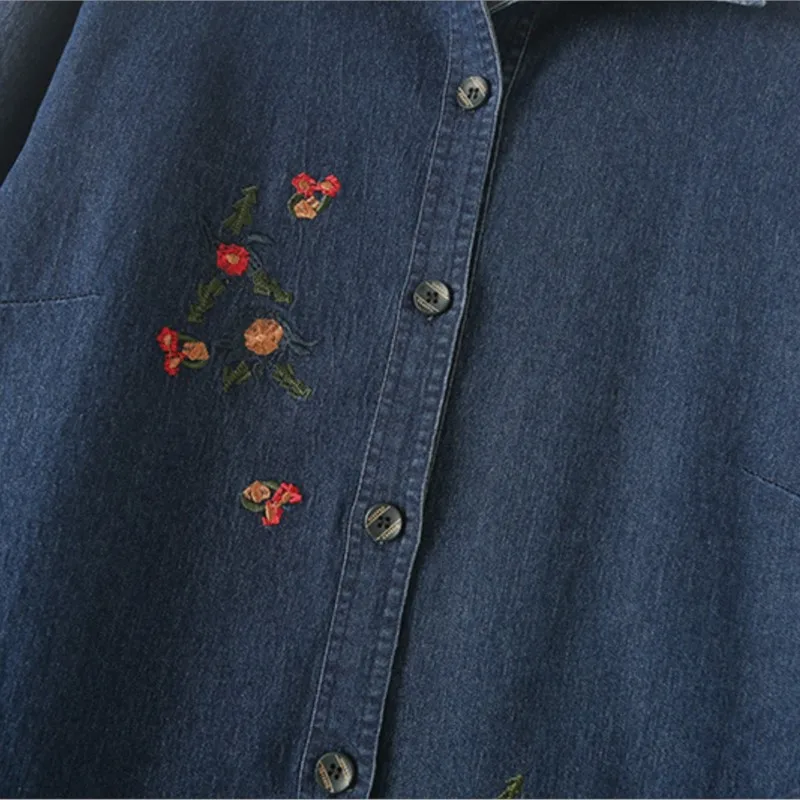 Camicia di jeans ricamata allentata per donna, cappotto a maniche lunghe, taglie forti, primavera e autunno, nuovo, 8930