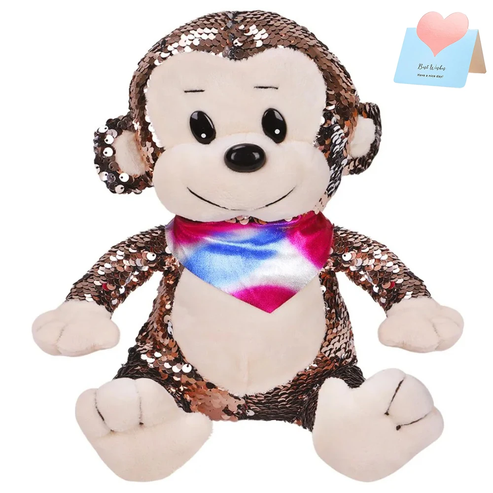 25cm Glitter Sequin Monkey Doll Toys Stuffed Animals Pillow Gift for Girls Kids Monkey Plush Toy Brown Monkey Throw Pillow