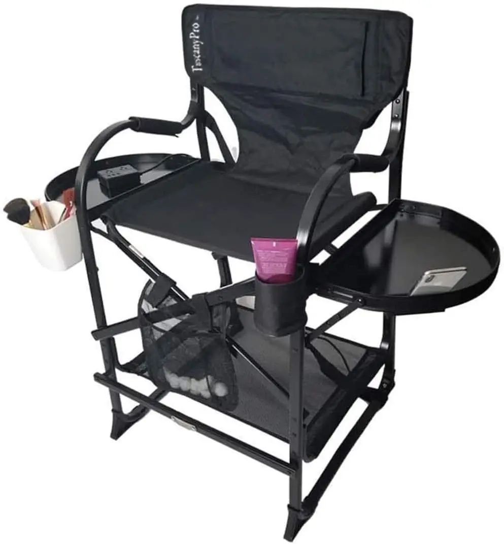 Makeup & Hair Stylist Chair W/Power Strip - Adjustable Seat Height - Bonus Brush Bucket - Carry Bag Included