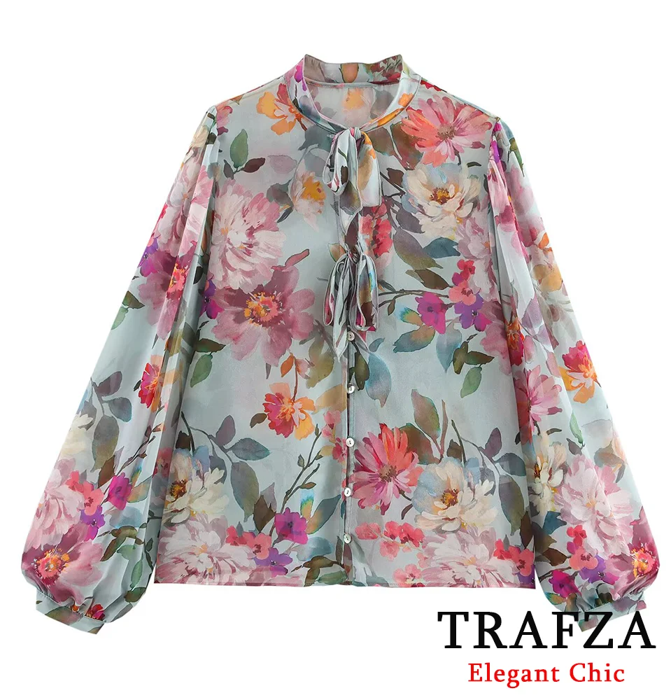 

TRAFZA Women Bow Detail Print Shirt Floral Shirt New 2025 Spring Summer Fashion Romantic Beach Casual Style Shirt