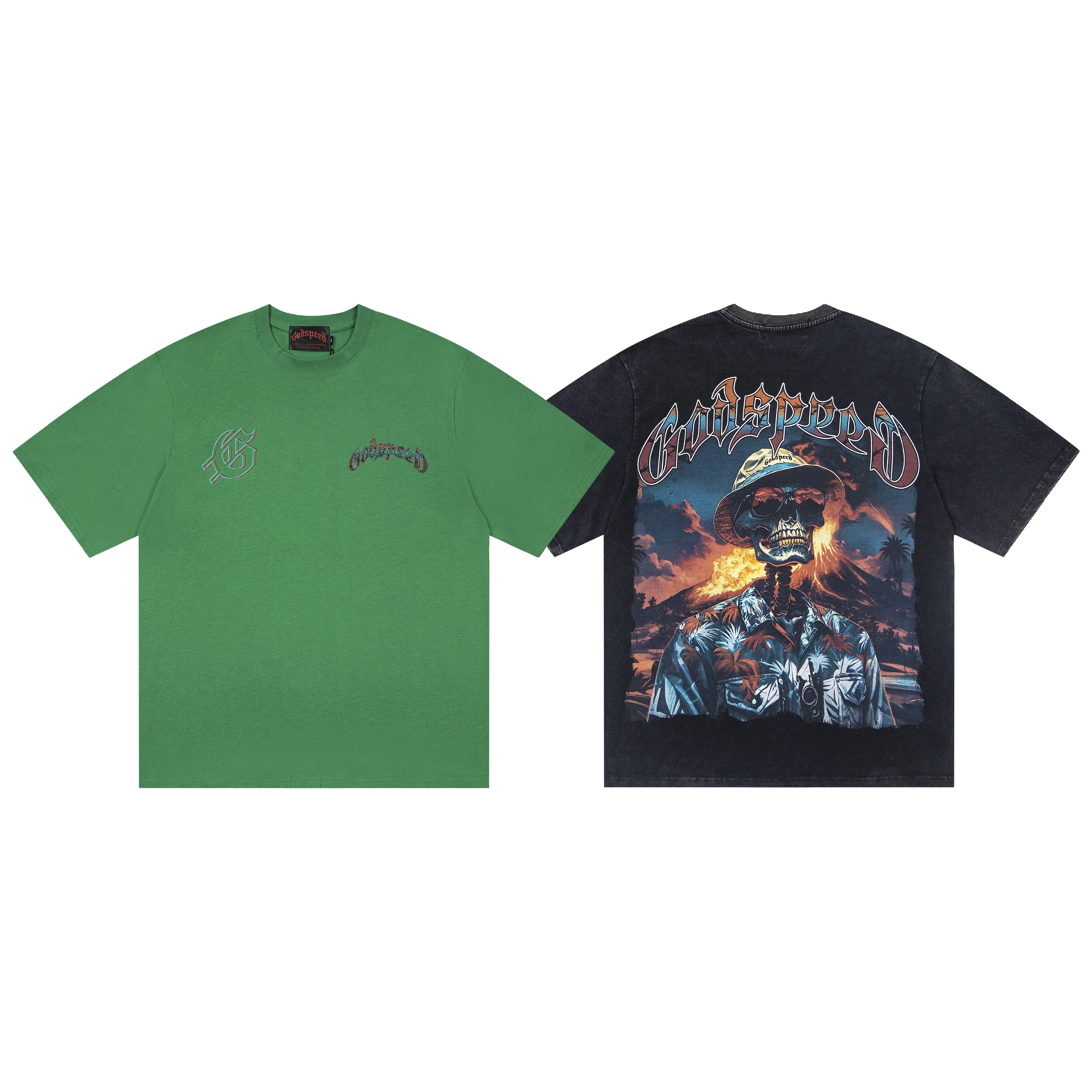 Men's retro skeleton pure cotton short sleeved T-shirt Harajuku loose black washed casual summer top