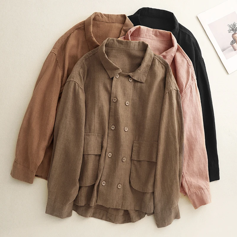

Casual Cotton Linen Long Sve irt Double Button Pure Color Loose Outerwear for plus Size Women Trendy Open Cardigan Top