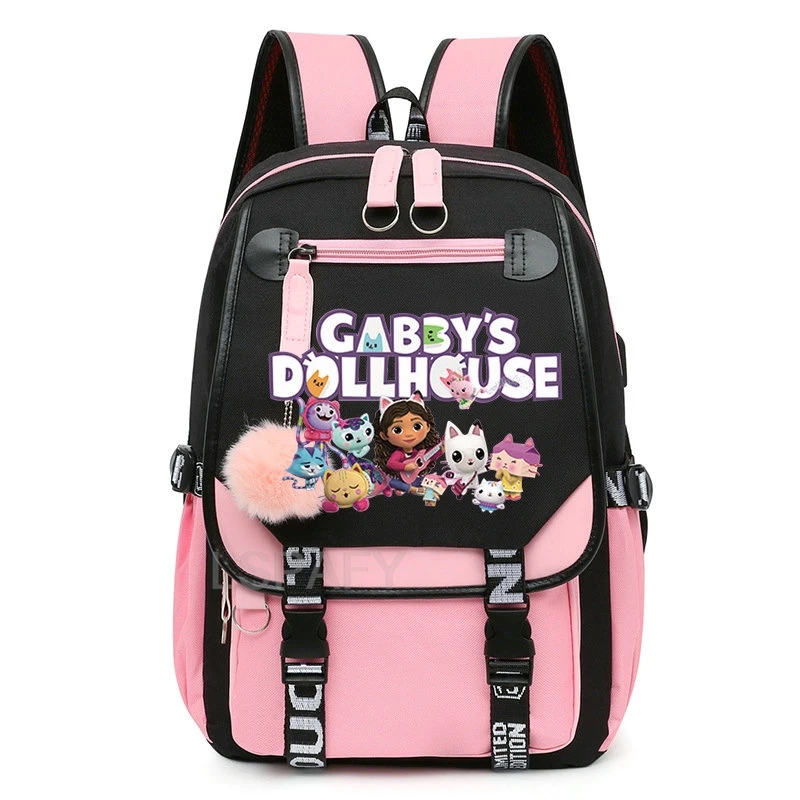 Fashion Gabby\'s Dollhouse Backpack Plush Ball Harajuku Gabby Dollhouse School Bags Women Lovely Girls Canvas Schoolbag Mochlia