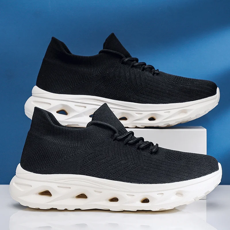 

Black Knit Running Shoes For Men Comfort Platform Jogging Shoes Outdoor Non-slip Men's Sports Sneakers Breathable Socks Sneakers