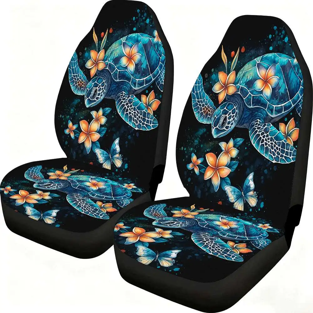 Set Of 2 Car Seat Covers Featuring Tropical Sea Turtles And Plumeria Flowers, Designed For Front Seats With A High Back. Made Fr