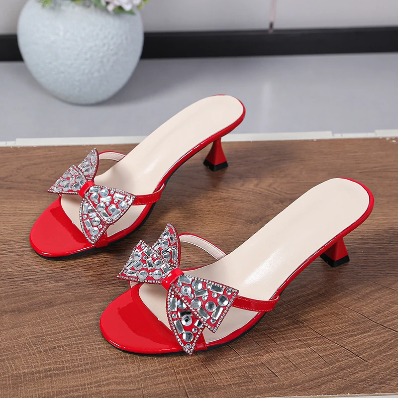 

Summer Outwear Stiletto Slippers Women's Fashion Square Toe Rhinestone Bow Pumps