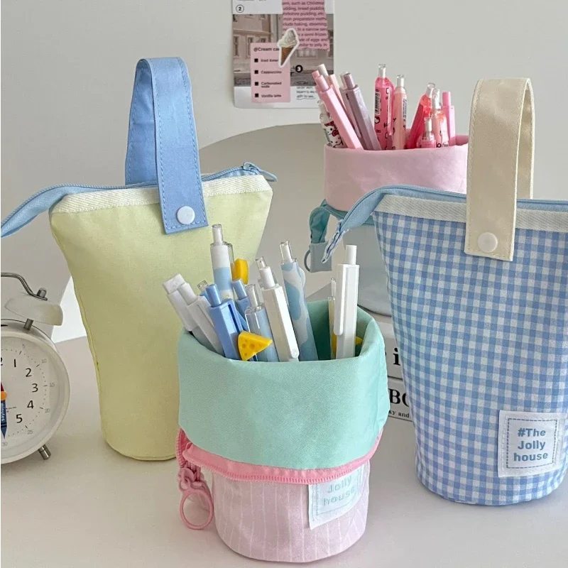 

Korean Fashion Pencil Pouch Lovely Solid Color Series Standing Pen Bag Creative Lovely High Capacity Stationery Storage Bag