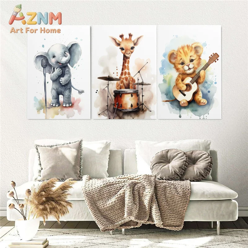 AZNM Music Animal Canvas Wall Art Elephant Giraffe Lion Playing Musical Instruments Frameless Canvas Painting Nursery Kids Room