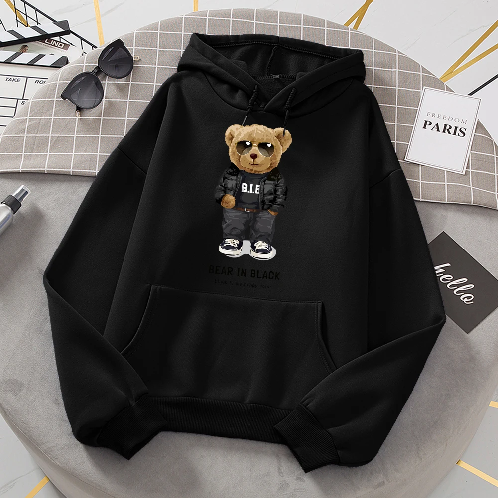 Teddy Bear In Black That Is My Happy Color Women Hoody Street Casual Loose Sweatshirt Autumn Fleece Hooded Hip Hop O-Neck Tops