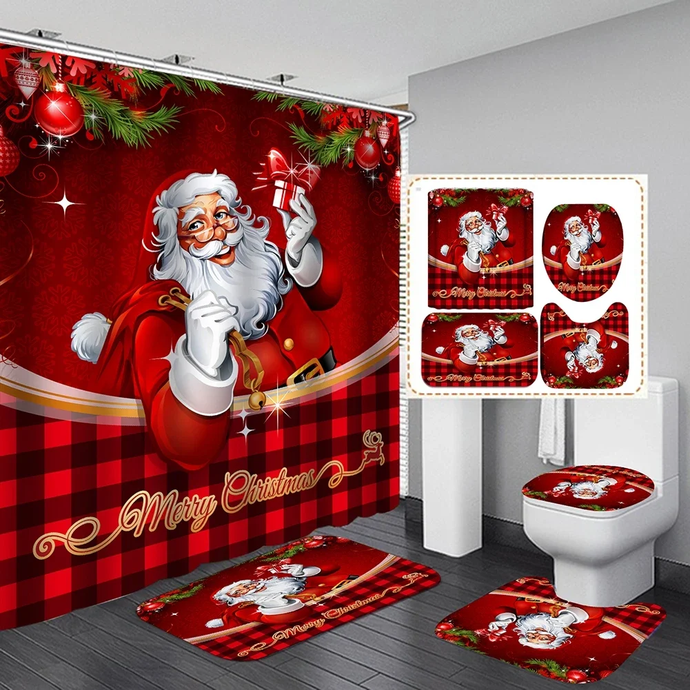 Christmas Bathroom Shower Curtain 4Pcs Set Snowman Santa Claus Pattern Waterproof Shower Curtain Toilet Cover Mat Non Slip Rug