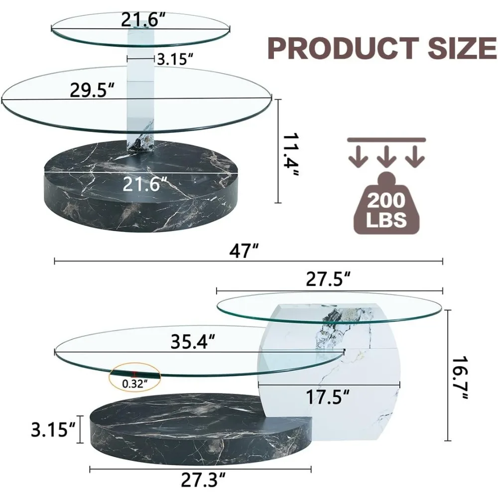 47" Glass Coffee Table, Oval Coffee Table, 3-Tier Design with Oval Tempered Glass Tabletop and White Black Color Wooden Base, La