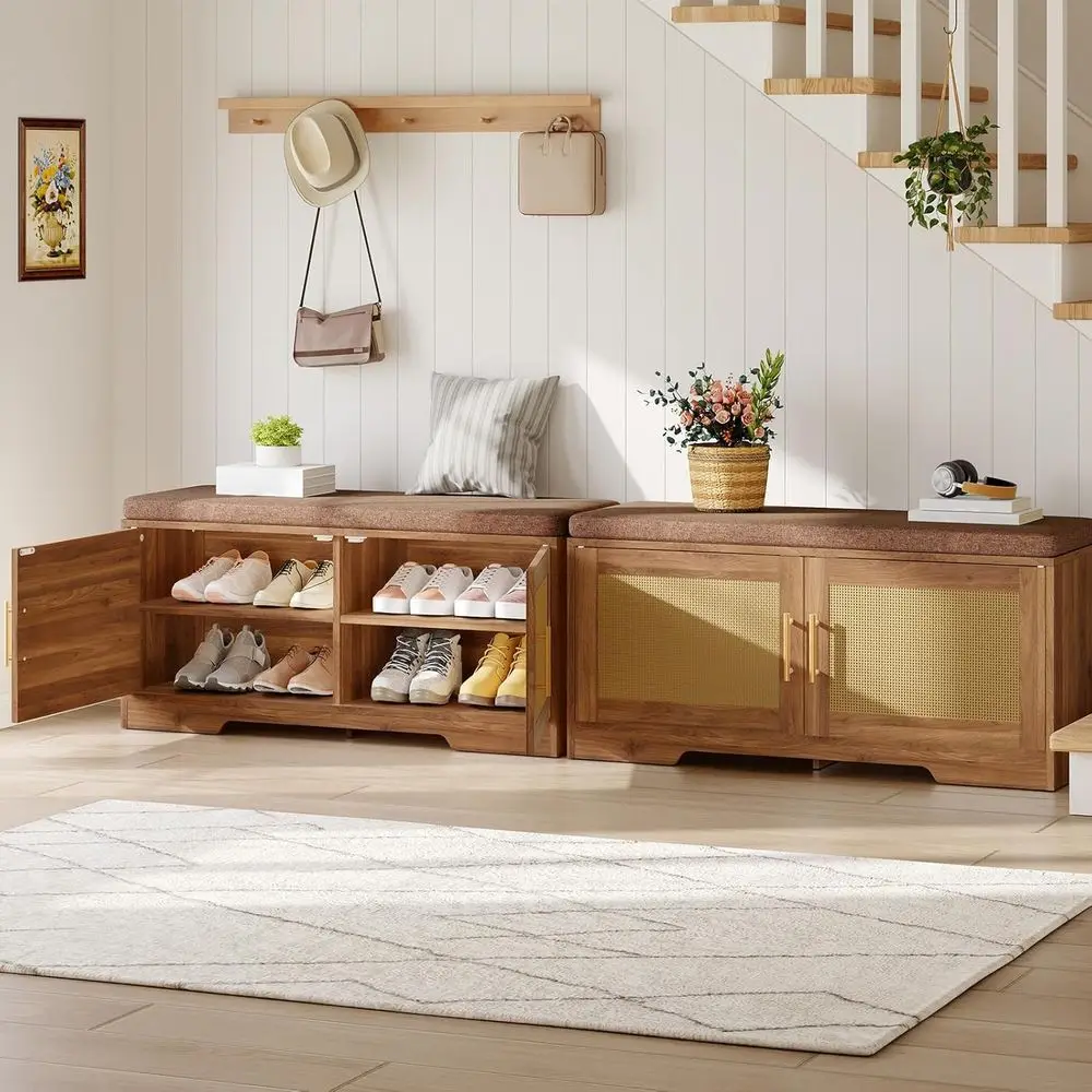 Panca portascarpe in rattan con cuscino, organizer in legno a 2 ante, 39,2 L x 13,4 L x 18,9 A, ideale per ingresso e camere da letto