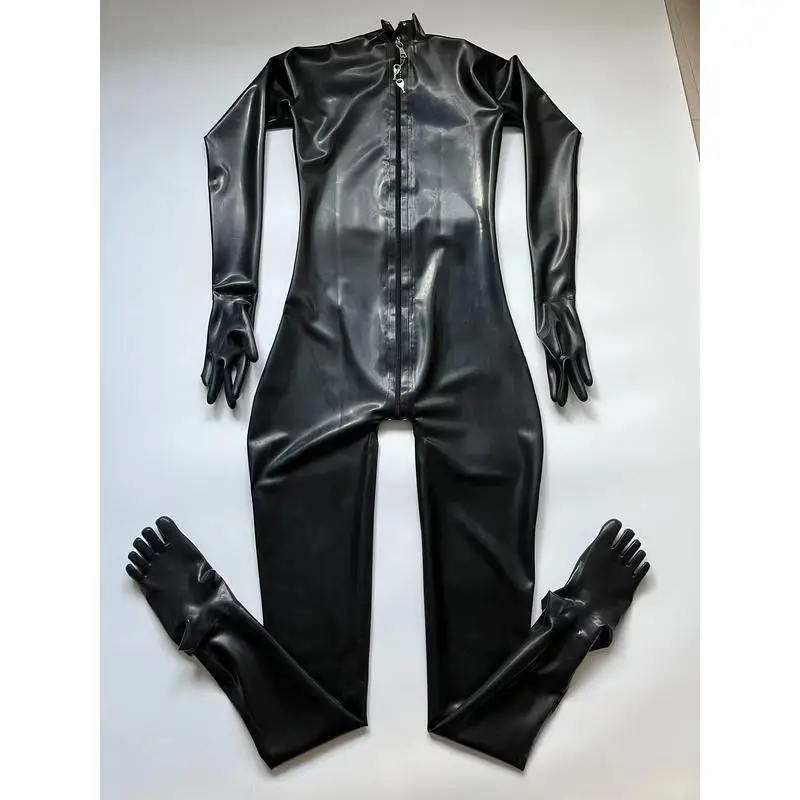 100%Latex Gummi Catsuit with Gloves Socks No Zip Neck Entry 2 Way Crotch Zip