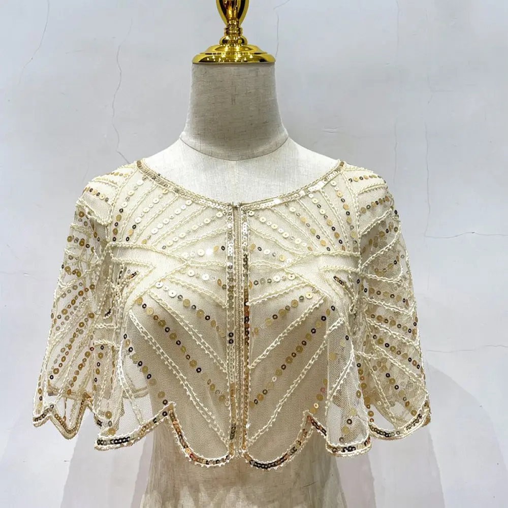 Formal Evening Sequin Wrap Shawl With Hook Elegant Mesh Capelet For Party Wedding Shiny Bolero Decorative Glitter Stole Cover