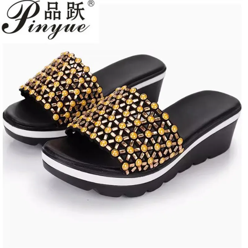 diamond Ladies Summer sandals Genuine Leather Shoes Women High Heels Fashion Wedges Summer slipper size 35--40