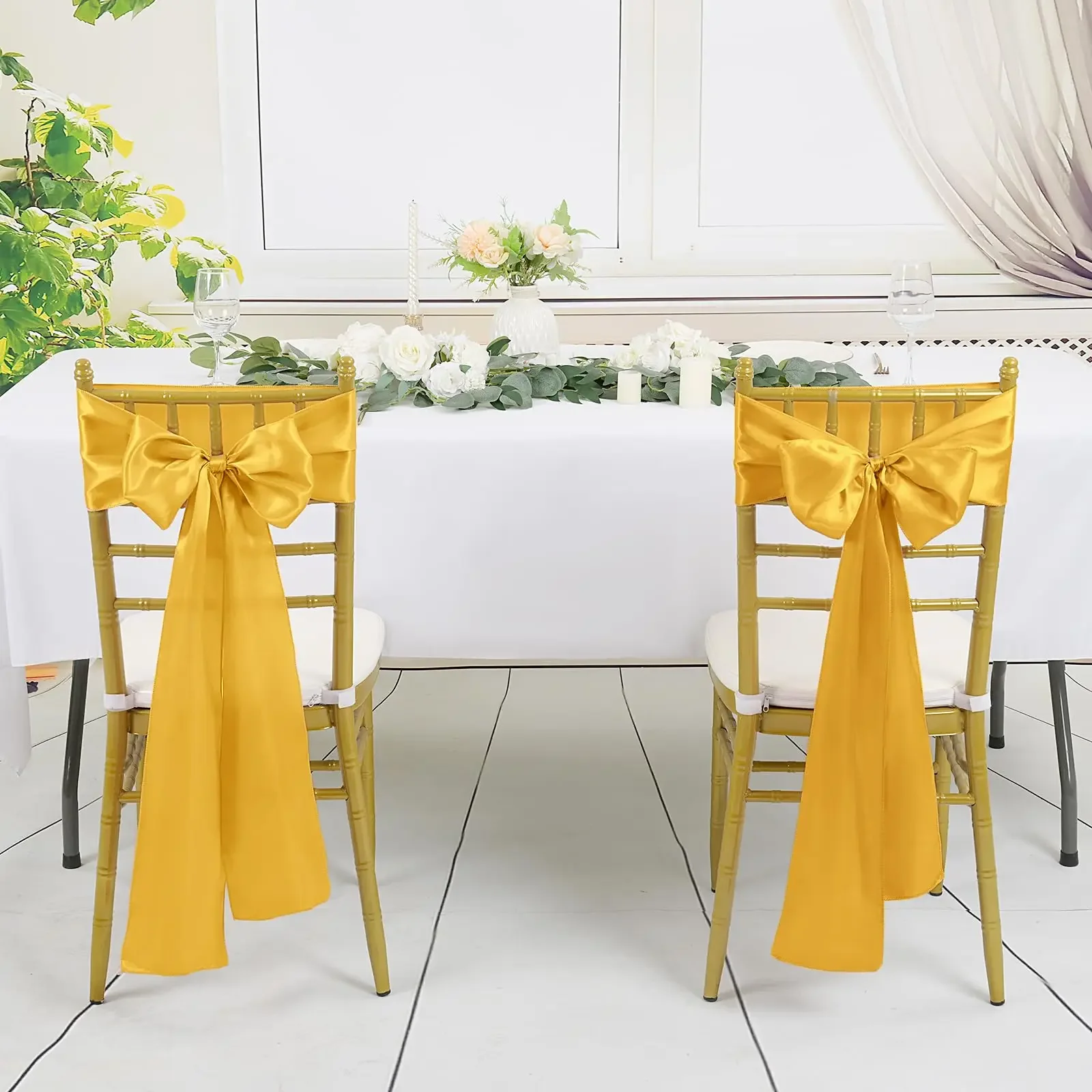 10/50PCS 17x275cm Gold Satin Chair Sashes Bows Chair Cover Ribbons for Wedding Banquet Party Baby Shower Event Decorations
