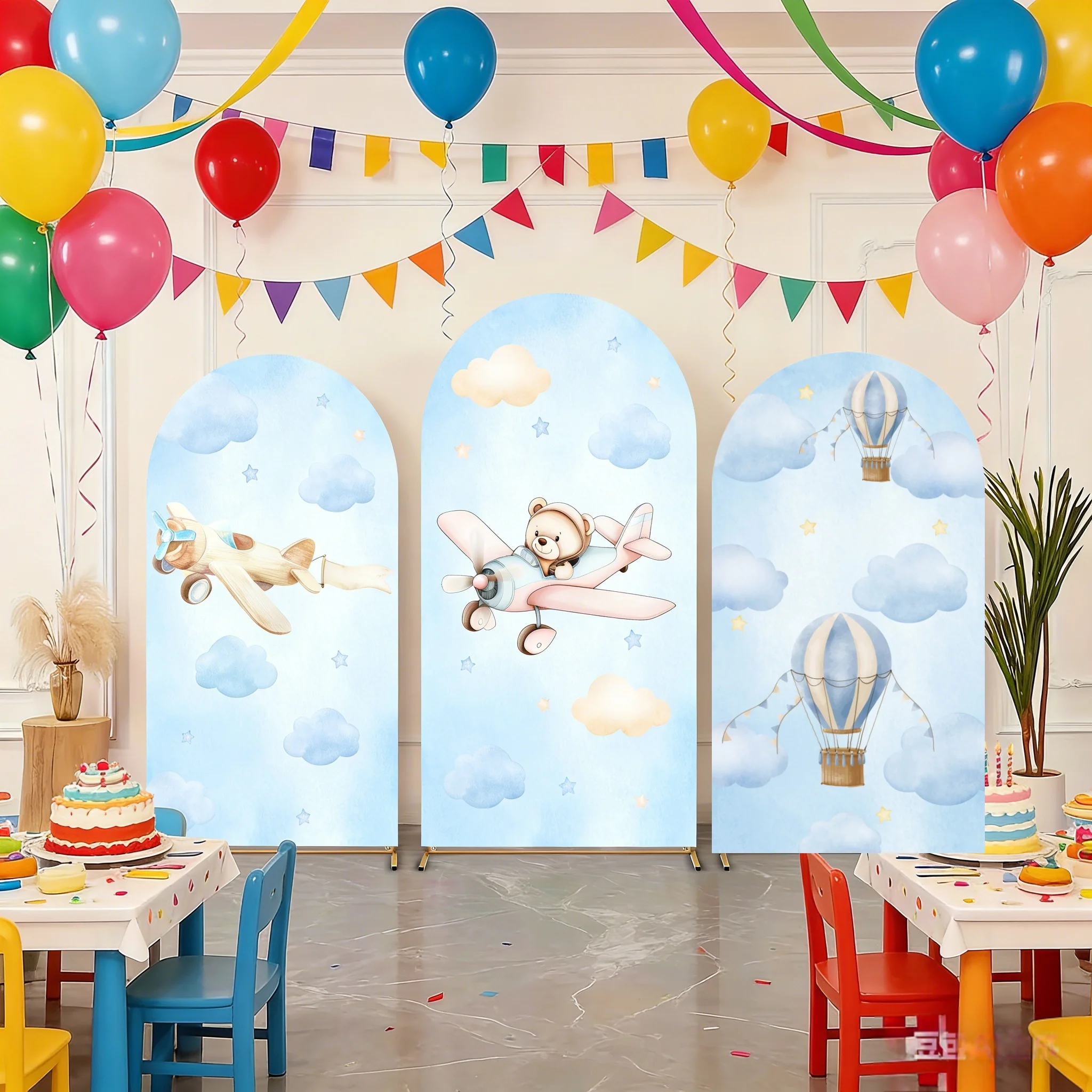 Little Pilot Bear Arch Cover Backdrop Airplane Hot Air Balloon Boys Birthday Party Baby Shower Decor Photography Background