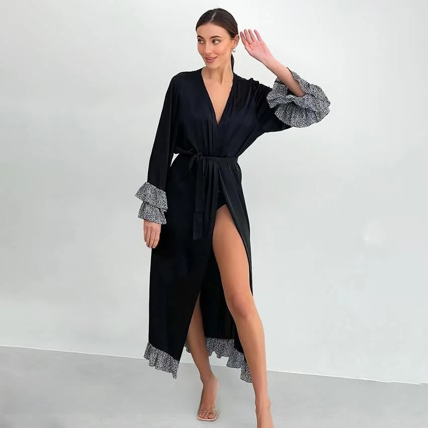 

Свободный халат на шнуровке, домашняя одежда, длинная рубашка с цветочной отделкой и поясом для женщин, простой дизайн, осенний сезон, женская ночная рубашка