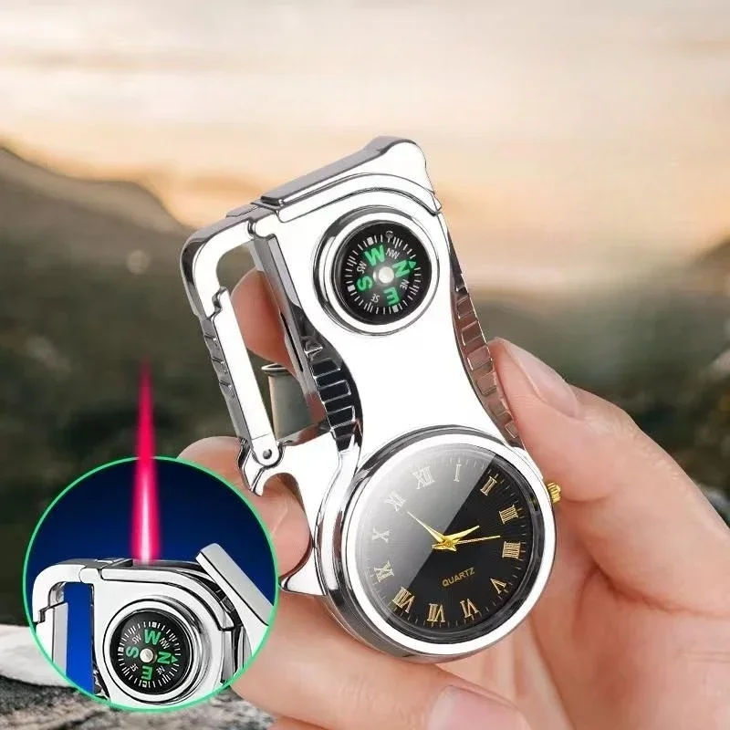 New Outdoor Compass Keychain Inflatable Windproof Lighter Multi-function Watch Bottle Opener Red Flame Butane Gas Lighters Tool