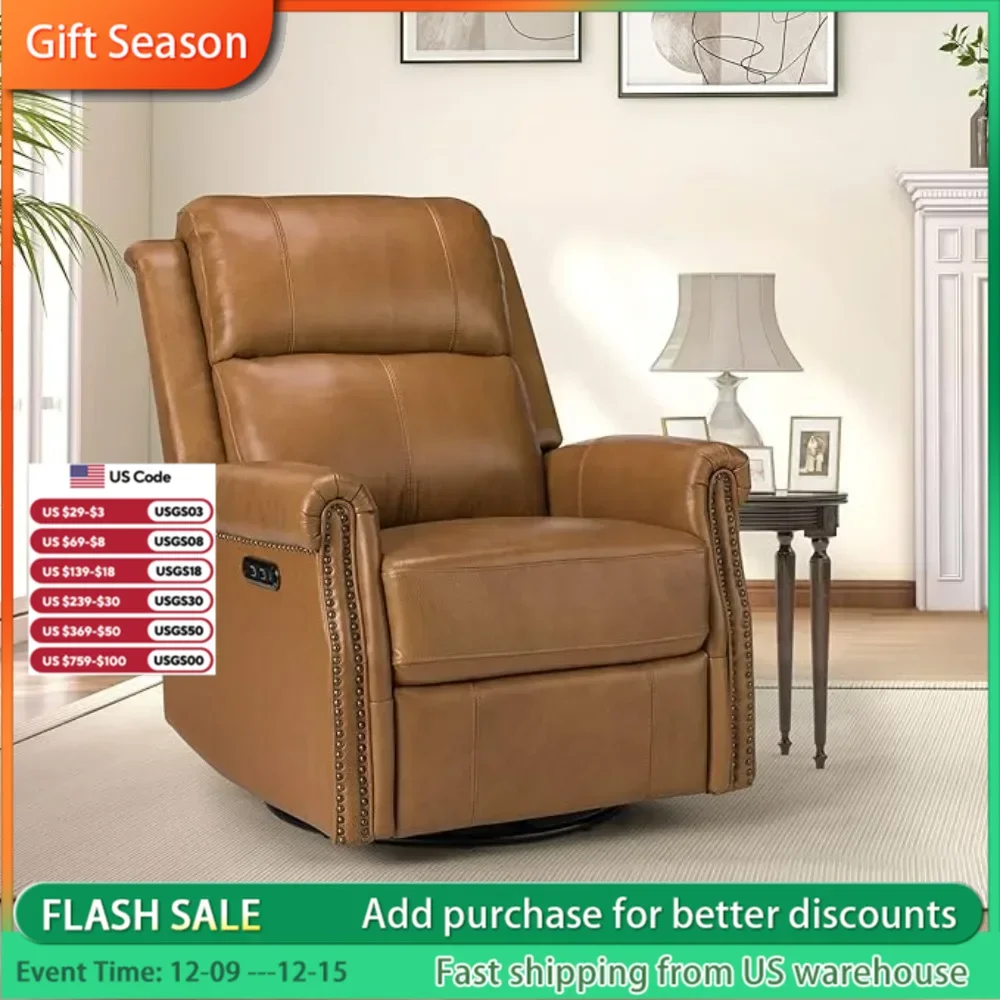 Camel Genuine Leather Power Recliner Chair with USB Port,Swivel Glider Recliner with Nailhead Trim,Metal Base,Living Room Chairs