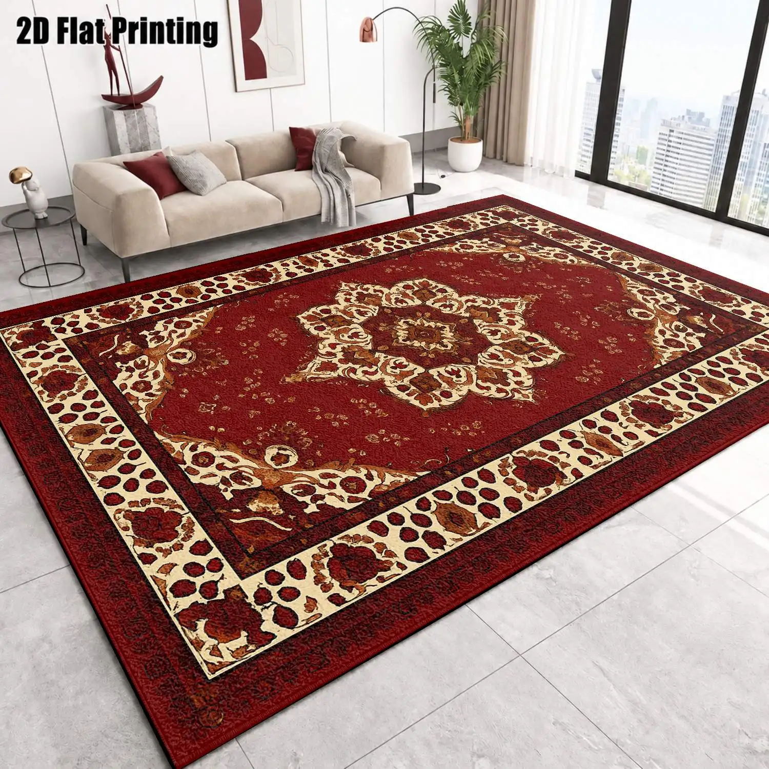 1Pc 2D Printed Red Retro Flower European-Style Geometric Carpet, Home Decor, Multi-Size, Machine Washable, for Entrance/Dining Room/Foyer/Bedroom/Living Room