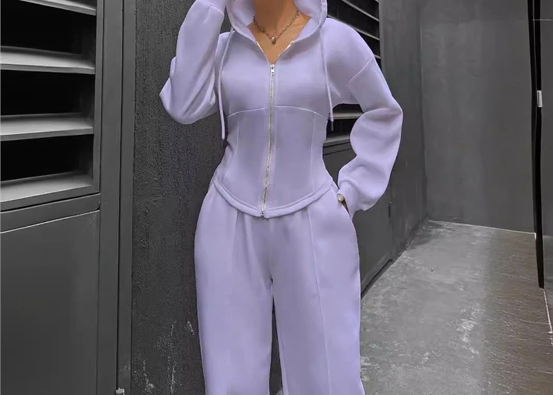 2025 Autumn and Winter Women's Hooded Cardigan Slim Fit Hoodie Casual Wide Leg Pants Two-piece Set