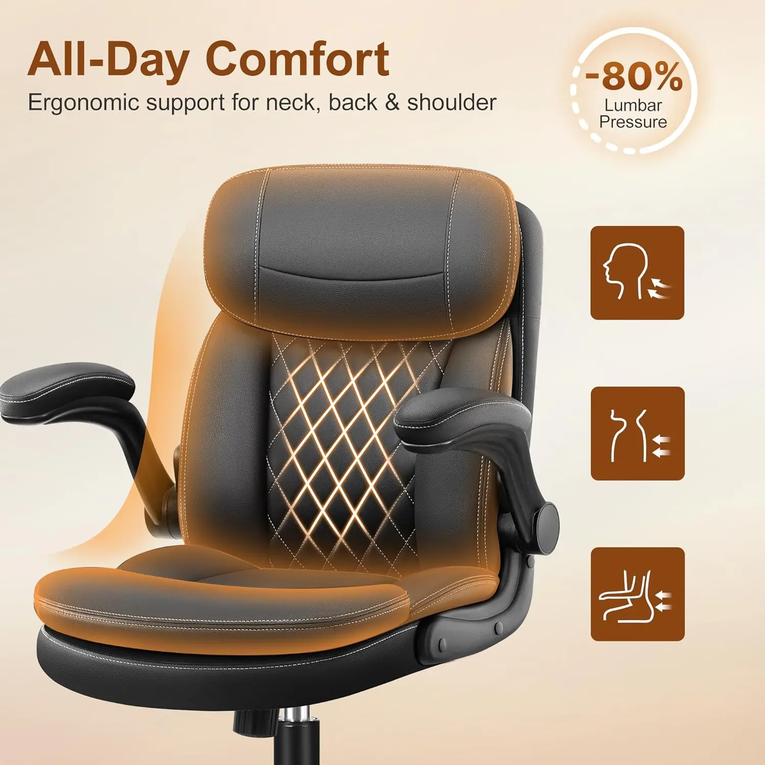 Ergonomic Office Chair with Double-Layer Cushion, Flip-Up Armrests, and Neckrest for Small Spaces, Black view 5
