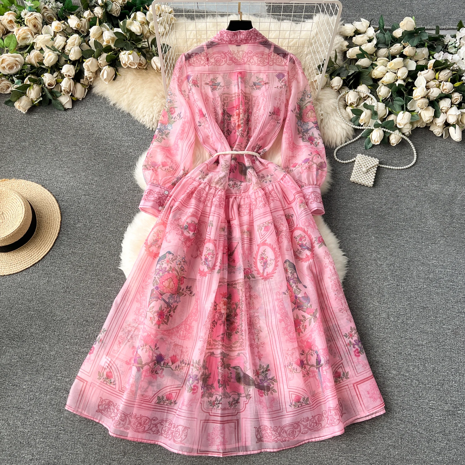 Vintage  Print Elegant  A-line lool Sleeve Bandage loose Turn-down Collar Dress Casual Women  Fashion summer Spring dresses