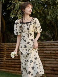 MISHOW Temperament Tea Break Dress 2024 Summer Women Retro Floral Square Neck Waist Puff Sleeve Versatile Dresses MXD21L1757