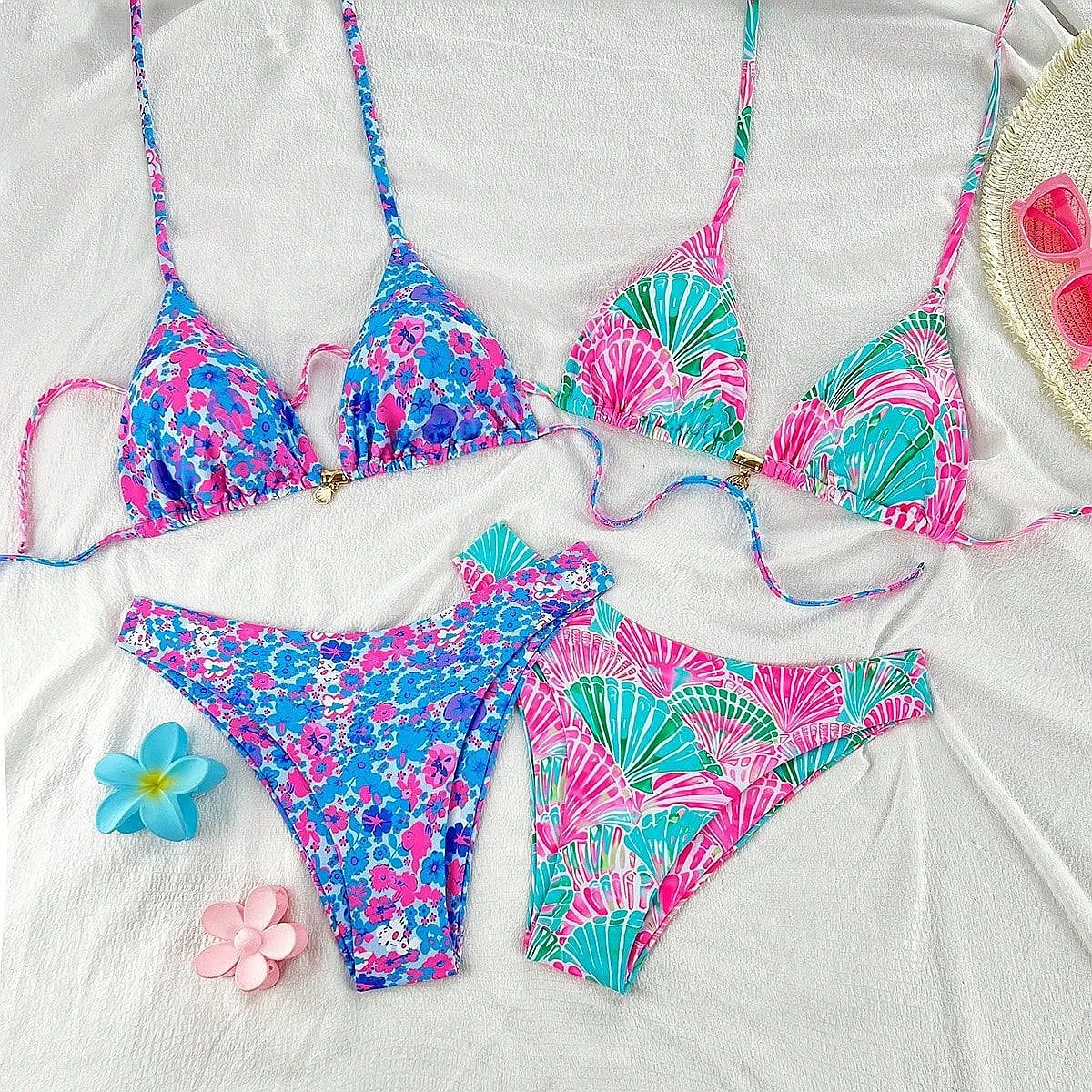 2026 New European Printed Tie Side Bikini Set, Sexy Two Piece Swimwear Bathing Suit for Women, Summer Beach Pool Holiday Wear