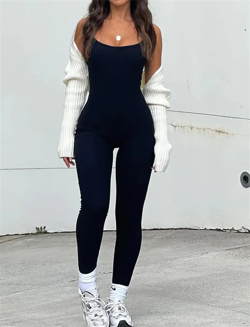 Casual Solid Knit Ribbed Skinny Slim Jumpsuits for Women Fitness Yoga Stretchy Comfortable One Piece Knitted Jumpsuit Rompers