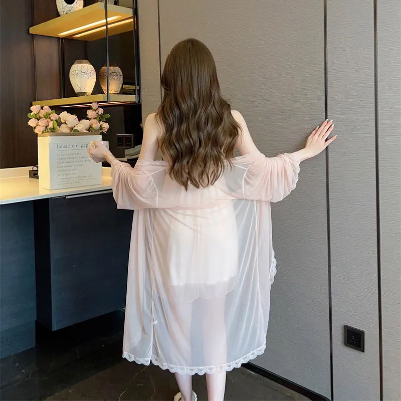 Chiffon 2 PCS Nighty&bathrobe Sets Mesh Robe Gown Womens Sexy Lace Sleepwear Nightgown Loose Kimono