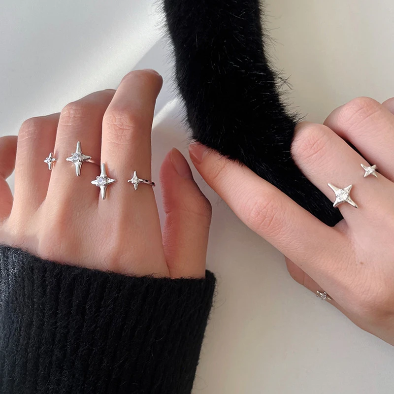 

925 Sterling Silver Star Adjustable Ring Micro Inlaid Crystal Four Pointed Star Ring For Women Best Friends Gift Retro Jewelry