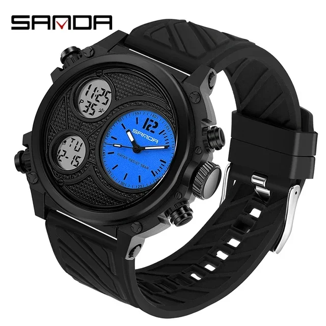 SANDA 3002  New Sports Watch for Male Students with Nightlight Waterproof  Tactics and Youth Dual Display Electronic Watch