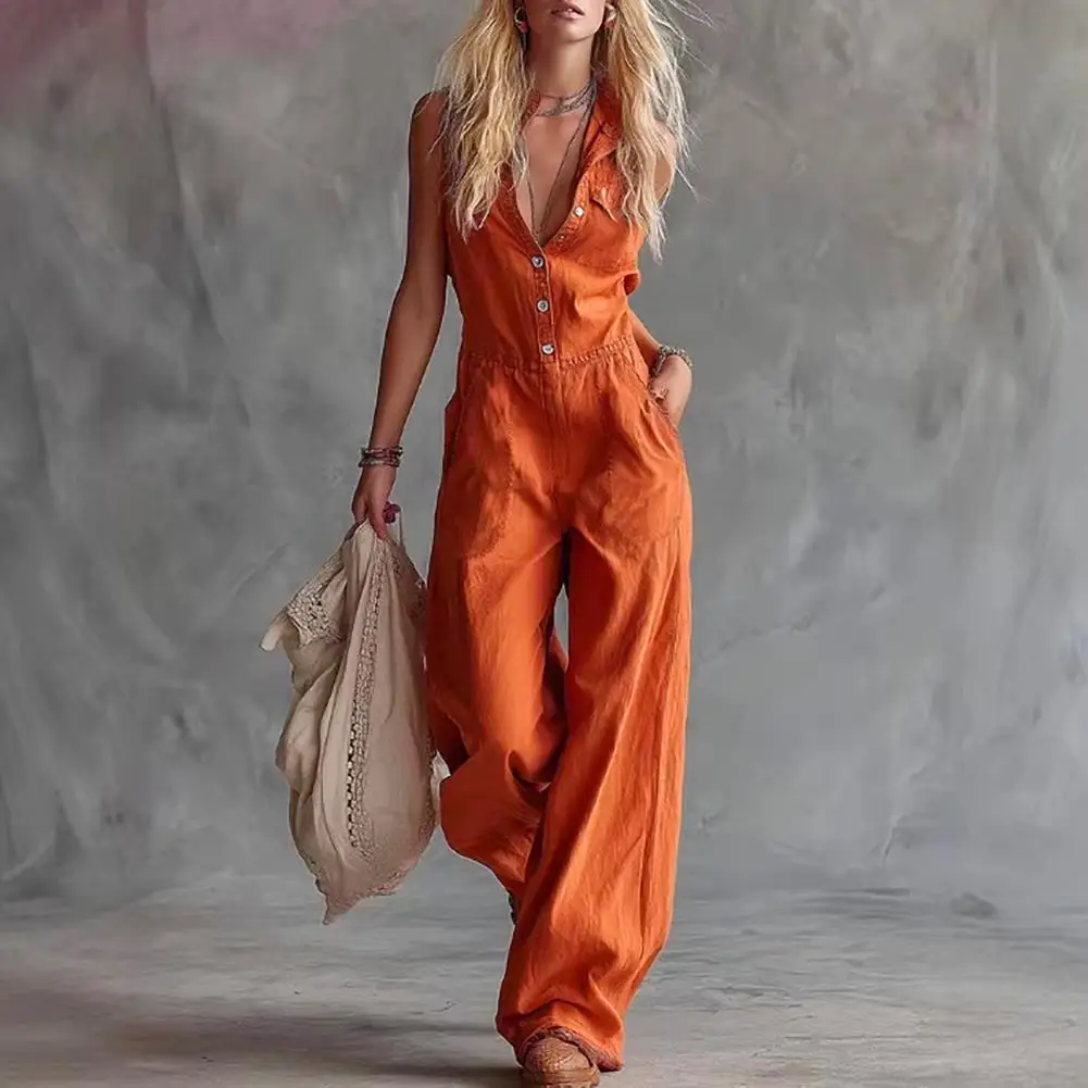 

Moisture-wicking Jumpsuit Summer Women Jumpsuit V Neck Romper Loose Wide Leg Pants Long Overalls with Front Buttons Dual Pockets