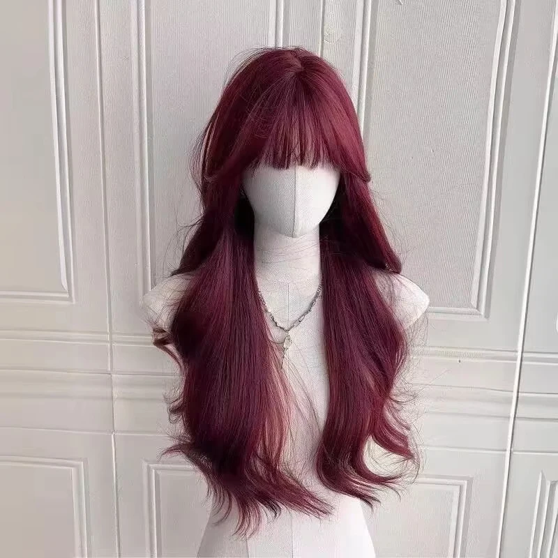 

Long curly hair, mermaid, raspberry red, fluffy and realistic hair, big wavy, lolita girl group full headwear