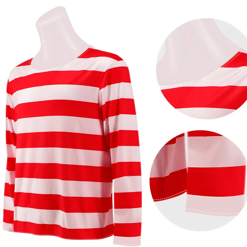 Wheres Waldo Striped Shirt Youth Kids Boys Wally Costume Shirt Glasses and Hat Socks Unisex Adults Halloween Cosplay Costume image 5