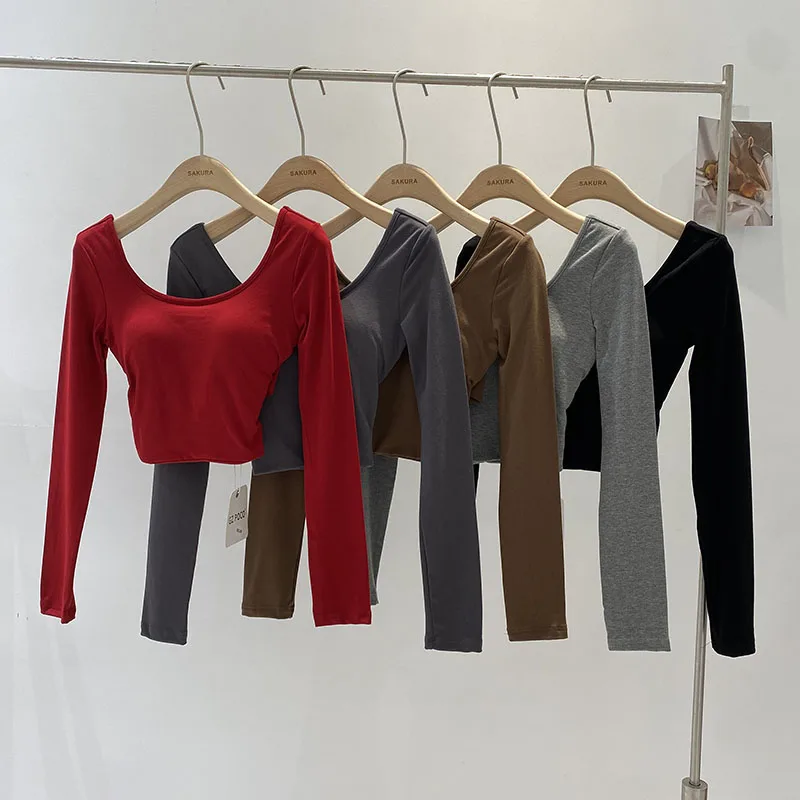 2024 Autumn Winter High Waist Short T-Shirt Women's Base Shirt with Chest Pad Korean Style Pure Desire Atmosphere Slim Fit
